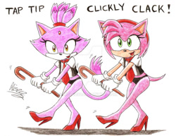 Size: 900x696 | Tagged: safe, artist:miszcz90, amy rose, blaze the cat, cat, hedgehog, 2014, amy x blaze, cute, dancing, female, females only, lesbian, looking at viewer, shipping, tapping foot
