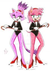 Size: 900x1270 | Tagged: safe, artist:miszcz90, amy rose, blaze the cat, cat, hedgehog, 2020, amy x blaze, cute, dancing, female, females only, lesbian, looking at viewer, mouth open, shipping, tapping foot