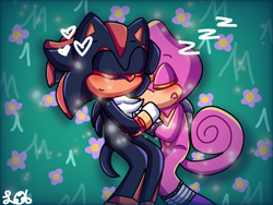 Size: 1024x768 | Tagged: safe, artist:lilcookiebug, espio the chameleon, shadow the hedgehog, 2024, abstract background, blushing, cute, duo, espibetes, eyes closed, flower, gay, grass, heart nose, holding each other, lying down, outdoors, shadowbetes, shadpio, shipping, signature, sleeping, zzz