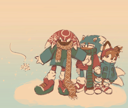 Size: 2048x1734 | Tagged: safe, artist:aetherweather, knuckles the echidna, miles "tails" prower, sonic the hedgehog, clothes, cute, looking at something, snow, snowflake, standing, team sonic, trio, winter, winter outfit