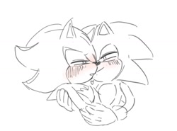 Size: 1281x946 | Tagged: safe, artist:atonrg, shadow the hedgehog, sonic the hedgehog, 2024, blushing, duo, gay, heart, holding each other, lidded eyes, line art, looking at each other, mouth open, shadow x sonic, shipping, simple background, smile, white background