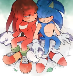Size: 1235x1285 | Tagged: safe, artist:sk_rokuro, knuckles the echidna, sonic the hedgehog, 2024, abstract background, alternate version, blushing, colored version, cute, duo, eyes closed, frown, gay, holding hands, knuxonic, leaf, lidded eyes, looking at them, outdoors, shipping, sitting, smile