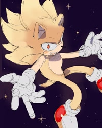 Size: 1642x2048 | Tagged: safe, artist:li_ili_ili_il, sonic the hedgehog, super sonic, 2024, blushing, flying, hand out, looking at viewer, mouth open, simple background, smile, solo, sparkles, super form