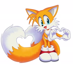 Size: 2048x1815 | Tagged: safe, artist:montyth, miles "tails" prower, 2024, cute, heart hands, heart tail, looking offscreen, mouth open, simple background, smile, solo, standing, white background