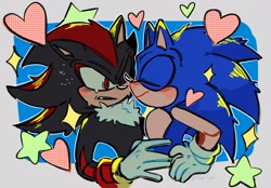 Size: 1908x1331 | Tagged: safe, artist:xue_gin, shadow the hedgehog, sonic the hedgehog, 2024, blushing, border, clenched teeth, duo, eyes closed, frown, gay, heart, looking at them, nuzzle, shadow x sonic, shipping, smile, sparkles