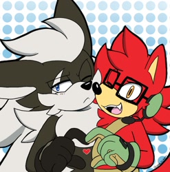 Size: 1113x1127 | Tagged: safe, artist:opalicfallalpha, gadget the wolf, infinite the jackal, 2024, :<, abstract background, blushing, cute, duo, frown, gadgebetes, gay, heart, heart hands, infinibetes, looking at viewer, one fang, rookinite, shipping, smile, wink