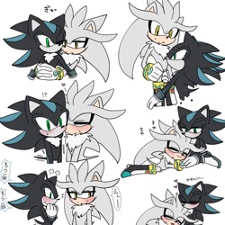 Size: 768x768 | Tagged: safe, artist:sgajdmwjp, mephiles the dark, silver the hedgehog, 2024, blushing, cute, dialogue, duo, gay, head in lap, holding them, japanese text, kiss on cheek, lying on them, mephilver, shipping, simple background, sweatdrop, wagging tail, white background