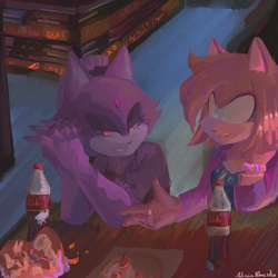 Size: 3000x3001 | Tagged: safe, artist:tupinchecola, amy rose, blaze the cat, cat, hedgehog, 2021, amy x blaze, cute, date, female, females only, lesbian, looking at them, shipping