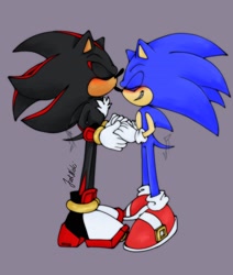 Size: 1734x2048 | Tagged: safe, artist:just_nicki_, shadow the hedgehog, sonic the hedgehog, 2024, blushing, duo, eyes closed, gay, holding hands, kiss on nose, purple background, shadow x sonic, shipping, signature, simple background, smile, standing, wagging tail