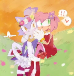 Size: 1080x1122 | Tagged: safe, artist:rubydelusionss, amy rose, blaze the cat, cat, hedgehog, 2024, amy x blaze, amy's halterneck dress, blaze's tailcoat, cute, exclamation mark, female, females only, flower, flower crown, heart, lesbian, looking at viewer, shipping