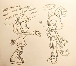 Size: 2048x1795 | Tagged: safe, artist:chickenwaffles17, amy rose, blaze the cat, cat, hedgehog, 2024, amy x blaze, amy's halterneck dress, blaze's tailcoat, cute, english text, eyes closed, female, females only, heart, lesbian, line art, shipping, sketch, speech bubble, tail wagging, traditional media