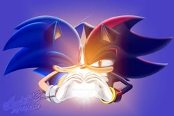 Size: 1500x1000 | Tagged: safe, artist:flauretzartz, shadow the hedgehog, sonic the hedgehog, 2024, duo, eyes closed, gay, gradient background, heart hands, looking at them, shadow x sonic, shipping, signature, smile