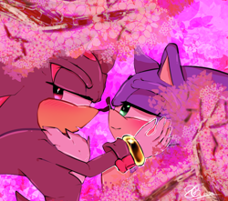 Size: 1700x1500 | Tagged: safe, artist:rykxel, shadow the hedgehog, sonic the hedgehog, 2024, abstract background, blushing, cherry blossom tree, duo, gay, hand on another's face, lidded eyes, looking at them, looking away, shadow x sonic, shipping, smile, tree