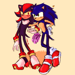 Size: 1804x1803 | Tagged: safe, artist:bombchan, shadow the hedgehog, sonic the hedgehog, 2024, arm around shoulders, cute, duo, flower, frown, gay, heart, holding something, lavender, looking at them, shadow x sonic, shipping, signature, simple background, smile, standing, yellow background, yellow sclera
