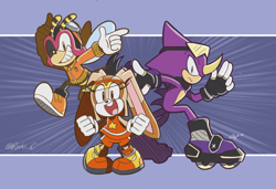 Size: 2048x1402 | Tagged: safe, artist:rechicken-and-waffles, charmy bee, cream the rabbit, espio the chameleon, frown, looking at viewer, riders outfit, riders style, signature, smile, sonic riders, trio