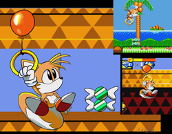 Size: 2048x1587 | Tagged: safe, artist:suzienightsky, miles "tails" prower, abstract background, balloon, classic tails, daytime, holding something, mint candy, reference inset, ring, solo, spinning tails, tails skypatrol