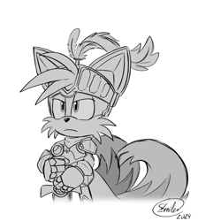 Size: 1732x1797 | Tagged: safe, artist:smileponeh, miles "tails" prower, 2024, frown, greyscale, holding something, knight armor, looking offscreen, monochrome, signature, simple background, solo, standing, sword, valiant knight tails, white background