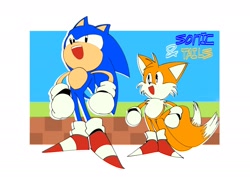 Size: 2048x1453 | Tagged: safe, artist:atonrg, miles "tails" prower, sonic the hedgehog, 2024, character name, duo, looking offscreen, mouth open, smile, standing