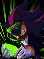 Size: 1536x2048 | Tagged: safe, artist:imlostandgay, shadow the hedgehog, 2024, abstract background, chaos emerald, clothes, frown, holding something, jacket, looking at viewer, shirt, solo, standing, sunglasses, yellow sclera