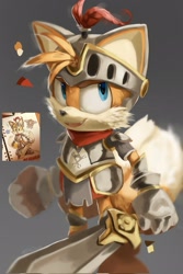 Size: 1365x2048 | Tagged: safe, artist:sadw_e, miles "tails" prower, 2024, grey background, knight armor, lineless, looking offscreen, reference inset, simple background, smile, solo, standing, sword, valiant knight tails