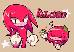 Size: 2048x1457 | Tagged: safe, artist:yaonhi, knuckles the echidna, 2024, beige background, blushing, character name, cute, holding something, knucklebetes, leaf, looking at viewer, ring, simple background, smile, solo, sparkles, star (symbol)