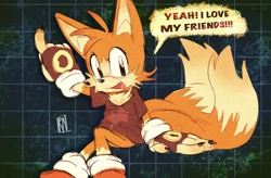 Size: 1297x850 | Tagged: safe, artist:reddom_ness, miles "tails" prower, abstract background, alternate outfit, claws, clothes, cute, dialogue, english text, fingerless gloves, looking at viewer, one fang, ring, shirt, signature, sitting, solo, speech bubble