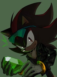 Size: 1536x2048 | Tagged: safe, artist:k_pchellka, shadow the hedgehog, alternate outfit, chaos emerald, clothes, frown, green background, holding something, jacket, looking at viewer, signature, simple background, solo, standing, sunglasses