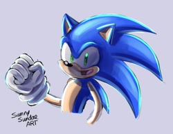 Size: 1136x876 | Tagged: safe, artist:sunnysundaeart, sonic the hedgehog, 2024, clenched fist, grey background, looking at viewer, mouth open, signature, simple background, smile, solo