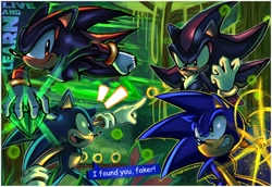 Size: 2048x1408 | Tagged: safe, artist:majindoodles, shadow the hedgehog, sonic the hedgehog, sonic adventure 2, 2024, chaos emerald, dialogue, duo, english text, faker, frown, live and learn, outline, ring, smile