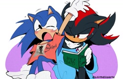 Size: 1109x720 | Tagged: safe, artist:nlitivar, shadow the hedgehog, sonic the hedgehog, 2024, blushing, book, clothes, duo, gay, holding something, looking at them, one eye closed, shadow x sonic, shipping, shirt, signature, sweatdrop, sweater, tears, yawning