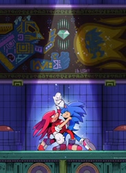 Size: 990x1353 | Tagged: safe, artist:sk_rokuro, knuckles the echidna, sonic the hedgehog, 2024, abstract background, blushing, dancing, duo, gay, hidden palace zone (sonic 3), holding them, knuxonic, scene interpretation, shipping, sonic the hedgehog 3, spotlight