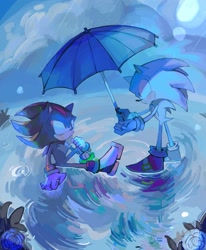 Size: 1689x2048 | Tagged: safe, artist:yunnie236, shadow the hedgehog, sonic the hedgehog, 2024, duo, frown, gay, holding something, looking at each other, rain, shadow x sonic, shipping, sitting, smile, standing, umbrella, water