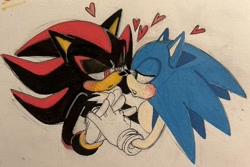 Size: 2048x1366 | Tagged: safe, artist:sa2sonic, shadow the hedgehog, sonic the hedgehog, 2024, blushing, clenched teeth, duo, gay, heart, holding hands, lidded eyes, looking at each other, shadow x sonic, shipping, traditional media