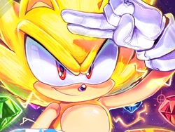 Size: 2000x1500 | Tagged: safe, artist:kalanit-saidon, sonic the hedgehog, super sonic, 2024, chaos emerald, gradient background, looking offscreen, salute, smile, solo, sparkles, super form