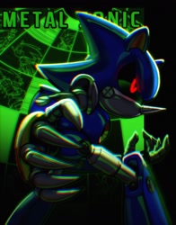 Size: 1609x2048 | Tagged: safe, artist:tighesammy, metal sonic, sonic the hedgehog, 2024, black sclera, character name, glowing eyes, lineless, looking offscreen, robot, solo