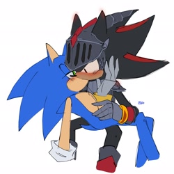 Size: 2048x2048 | Tagged: safe, artist:anyio_nimous, shadow the hedgehog, sonic the hedgehog, 2024, blushing, duo, gay, kiss, knight armor, lidded eyes, shadow x sonic, shipping, signature, simple background, sir lancelot, sitting, white background