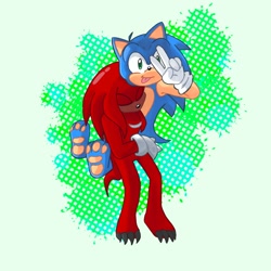 Size: 2000x2000 | Tagged: safe, artist:umtrem, knuckles the echidna, sonic the hedgehog, 2024, barefoot, claws, duo, eyes closed, gay, holding them, knuxonic, looking at viewer, pawpads, paws, shipping, smile, tongue out, v sign