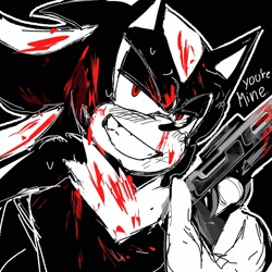 Size: 1536x1536 | Tagged: safe, artist:mwahjerinn, shadow the hedgehog, 2024, black background, blood, blood stain, dialogue, english text, gun, holding something, lidded eyes, looking at viewer, simple background, smile, solo, sweatdrop, yandere