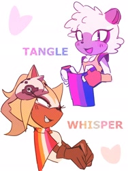 Size: 1536x2048 | Tagged: safe, artist:zaoiinsta, tangle the lemur, whisper the wolf, 2024, bisexual, bisexual pride, blushing, character name, cute, duo, flag, headcanon, holding something, lesbian, lesbian pride, looking at viewer, looking offscreen, pride, pride flag, shipping, simple background, smile, tangle x whisper, white background