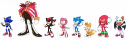 Size: 2047x651 | Tagged: safe, artist:justin61894350, amy rose, knuckles the echidna, metal sonic, miles "tails" prower, robotnik, rouge the bat, shadow the hedgehog, sonic the hedgehog, human, 2024, group, robot, simple background, standing, white background