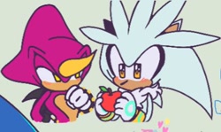 Size: 392x233 | Tagged: safe, artist:lm-tomatito, espio the chameleon, silver the hedgehog, 2024, apple, blushing, duo, food, gay, green background, holding something, looking at something, looking at them, shipping, silvio, simple background