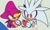 Size: 392x233 | Tagged: safe, artist:lm-tomatito, espio the chameleon, silver the hedgehog, 2024, apple, blushing, duo, food, fruit, gay, green background, holding something, looking at something, looking at them, shipping, silvio, simple background