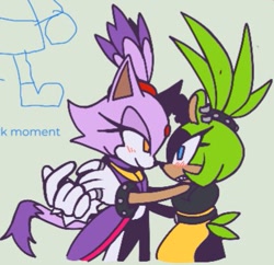 Size: 387x374 | Tagged: safe, artist:lm-tomatito, blaze the cat, surge the tenrec, 2024, blushing, duo, green background, holding each other, lesbian, looking at each other, shipping, simple background, smile, surgaze