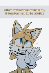 Size: 1388x2048 | Tagged: safe, artist:thatbirdguy_, miles "tails" prower, 2024, caption, english text, meme, simple background, solo, sweatdrop, waving, white background
