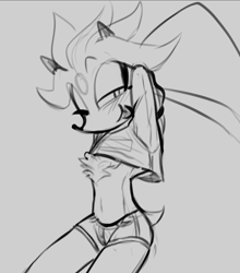 Size: 497x564 | Tagged: safe, artist:hidigrade, silver the hedgehog, 2024, blushing, chest fluff, clothes, femboy, grey background, lidded eyes, line art, looking at viewer, monochrome, shirt, shirt lift, shorts, simple background, sitting, smile, solo, tongue out, wink