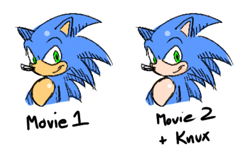 Size: 780x490 | Tagged: safe, artist:soapsurfin, sonic the hedgehog, sonic the hedgehog (2020), sonic the hedgehog 2 (2022), 2024, design comparison, duality, english text, looking at viewer, op has a point, simple background, smile, solo, white background