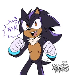 Size: 922x1005 | Tagged: safe, artist:danimatez, shadow the hedgehog, sonic the hedgehog, oc, oc:shanic the hedgehog, hedgehog, ..., 2024, cute, looking at viewer, magical gay spawn, nonbinary, nya, parent:shadow, parent:sonic, parents:sonadow, paw pose, simple background, smile, solo focus, top surgery scars, transgender, trio, wagging tail, white background