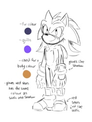 Size: 768x1024 | Tagged: safe, artist:danimatez, oc, oc:shanic the hedgehog, hedgehog, english text, line art, looking at viewer, magical gay spawn, nonbinary, parent:shadow, parent:sonic, parents:sonadow, reference sheet, simple background, sketch, smile, solo, standing, white background