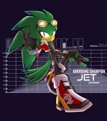 Size: 1567x1766 | Tagged: safe, artist:bulletstations, jet the hawk, 2024, abstract background, alternate outfit, alternate universe, au:after riders, backwards v sign, character name, looking at viewer, smile, solo, sonic riders, v sign