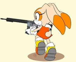Size: 2048x1682 | Tagged: safe, artist:toastyraincloud, cream the rabbit, 2024, from behind, frown, gun, holding something, looking offscreen, signature, simple background, solo, walking
